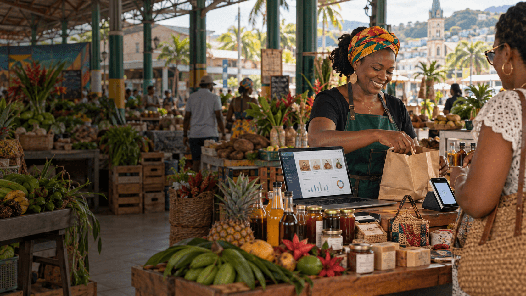 Entrepreneuse dans un marché local des Antilles, avec sa boutique en ligne