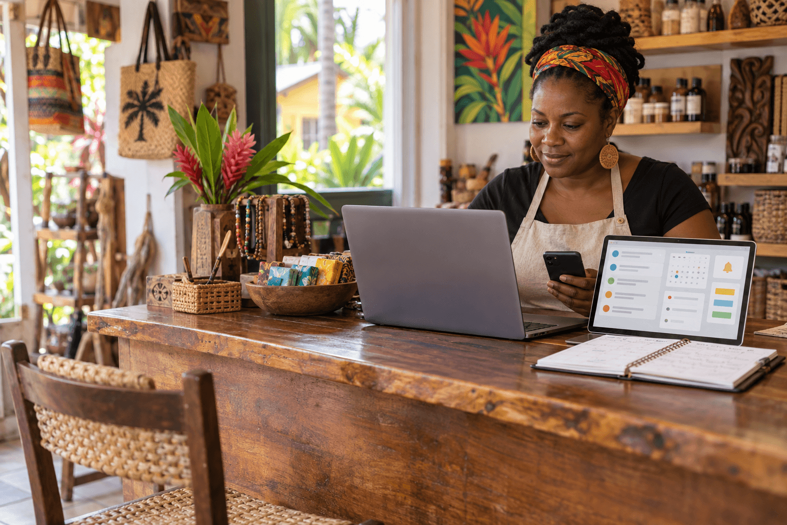 Commerçante suivant ses messages et rendez-vous sur ses outils numériques