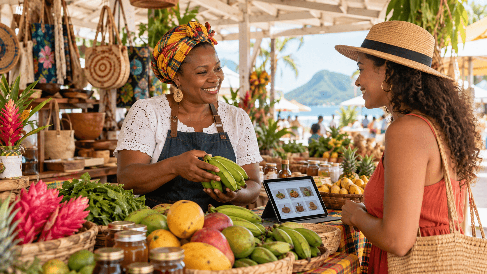 Commerçante locale présentant ses produits à une cliente sur TisitMarket