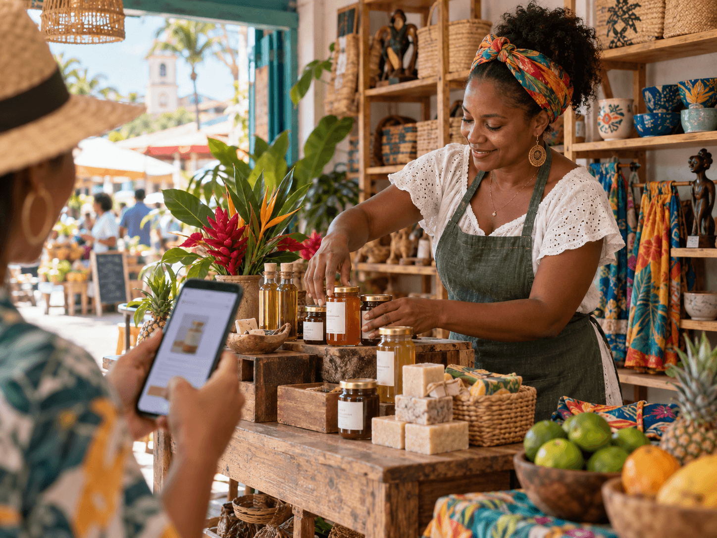 Commerçante locale présentant ses produits dans sa boutique