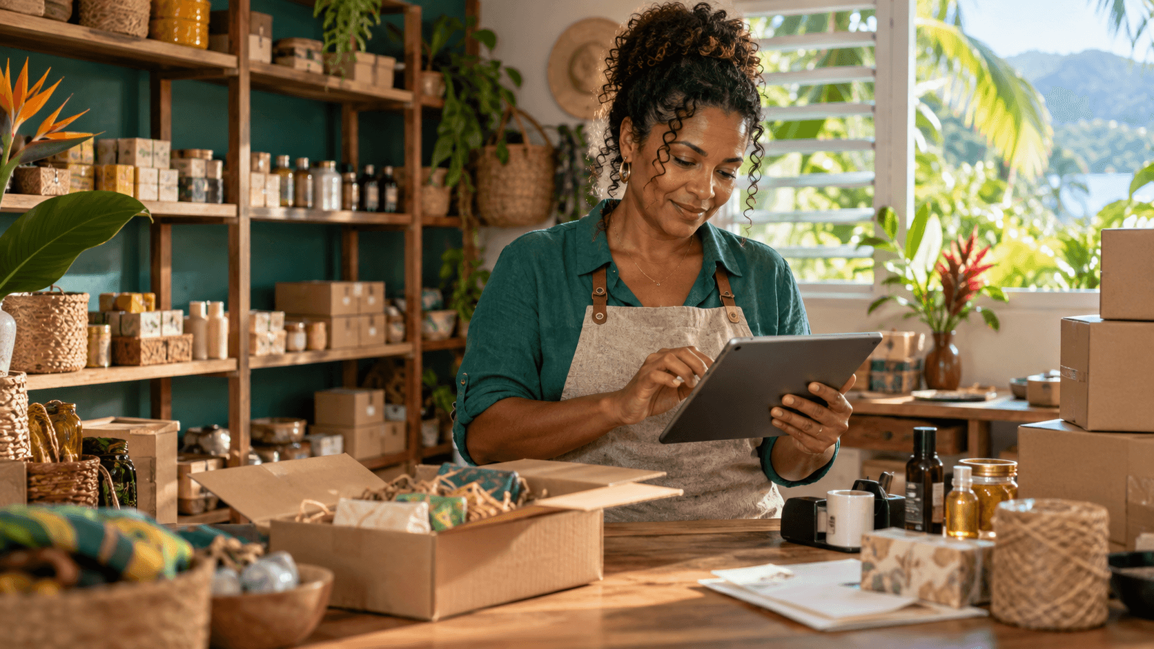 Vendeuse locale suivant ses commandes et son stock depuis son atelier